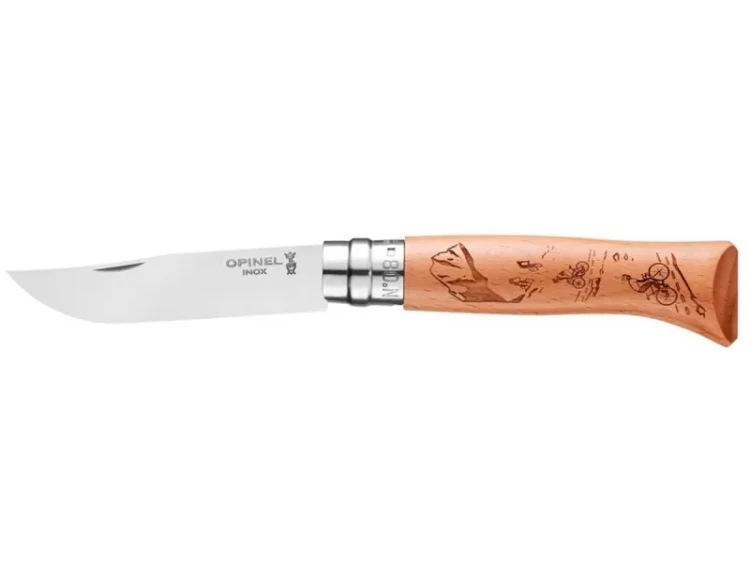 Нож складной Opinel Engraved Biking 08, нержавеющая сталь, бук, велосипед
