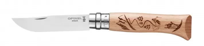 Нож складной Opinel Engraved Skiing 08, нержавеющая сталь, бук, горные лыжи